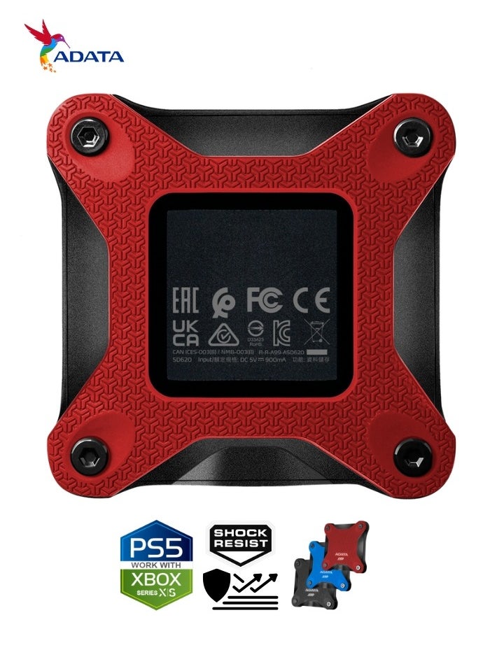 أداتا - محرك الأقراص الصلبة الخارجي SD620 سعة 2 تيرابايت | SSD مقاوم للصدمات متوافق مع PS5 XBOX للألعاب فائقة السرعة USB 3.2 Gen2x2 Type-C | أحمر - Image 1