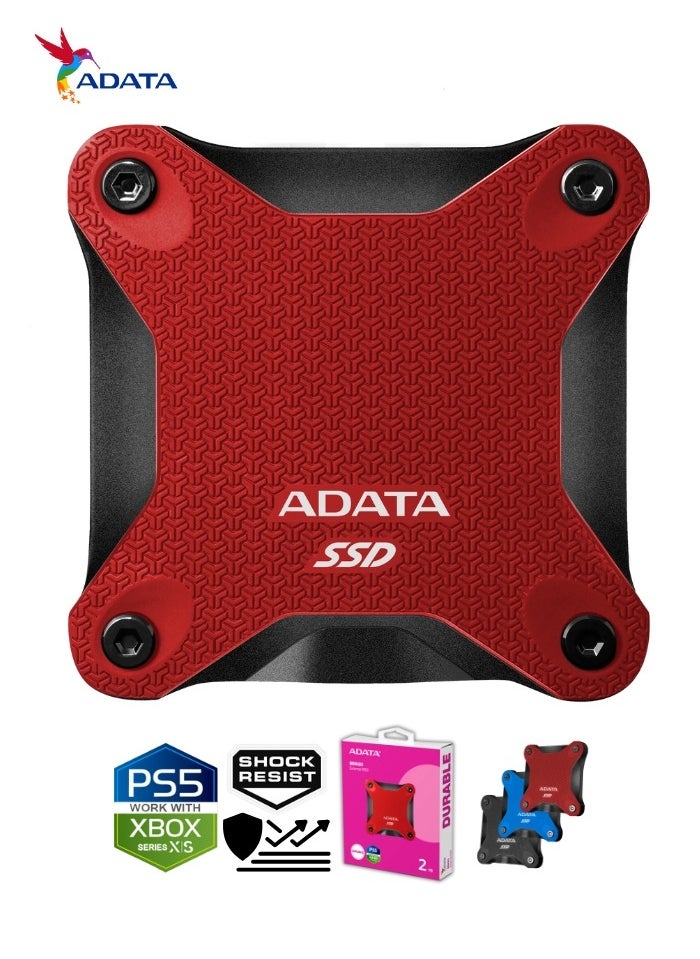 أداتا - محرك الأقراص الصلبة الخارجي SD620 سعة 2 تيرابايت | SSD مقاوم للصدمات متوافق مع PS5 XBOX للألعاب فائقة السرعة USB 3.2 Gen2x2 Type-C | أحمر - Image 1
