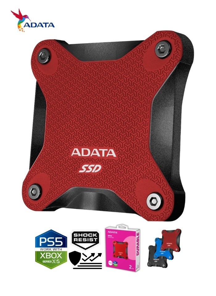 أداتا - محرك الأقراص الصلبة الخارجي SD620 سعة 2 تيرابايت | SSD مقاوم للصدمات متوافق مع PS5 XBOX للألعاب فائقة السرعة USB 3.2 Gen2x2 Type-C | أحمر - Image 1