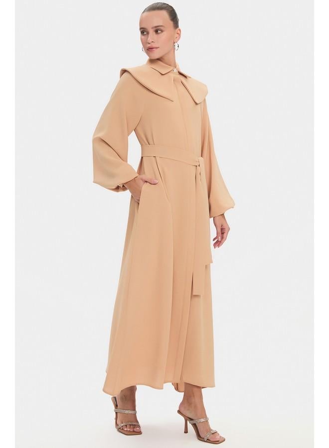 JUNE June Women Baby Neck Balloon Sleeve Waist Tie Detail Maxi Dress Tan - Image 1