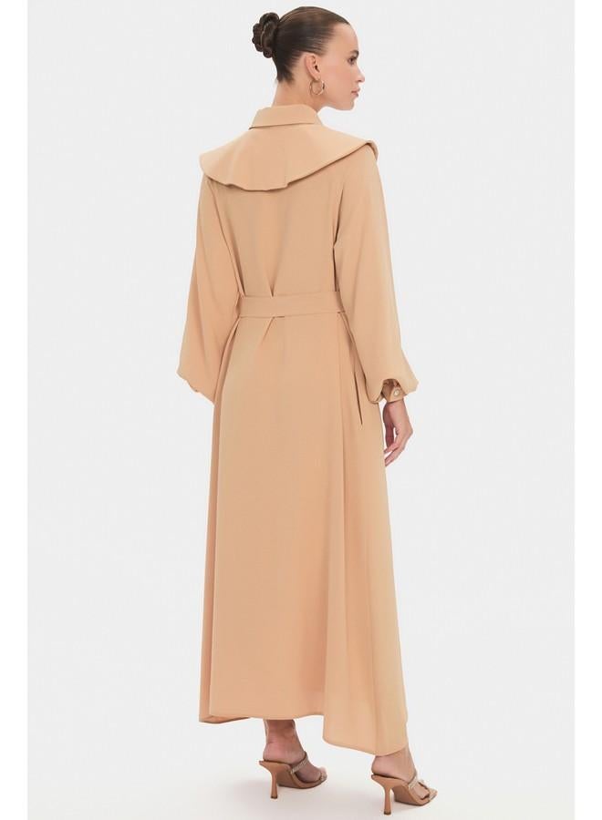 JUNE June Women Baby Neck Balloon Sleeve Waist Tie Detail Maxi Dress Tan - Image 4