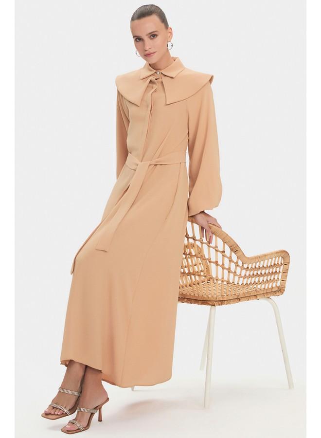 JUNE June Women Baby Neck Balloon Sleeve Waist Tie Detail Maxi Dress Tan - Image 5