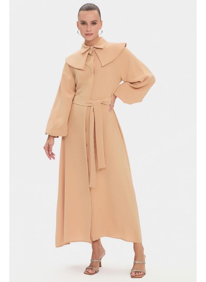 JUNE June Women Baby Neck Balloon Sleeve Waist Tie Detail Maxi Dress Tan - Image 2