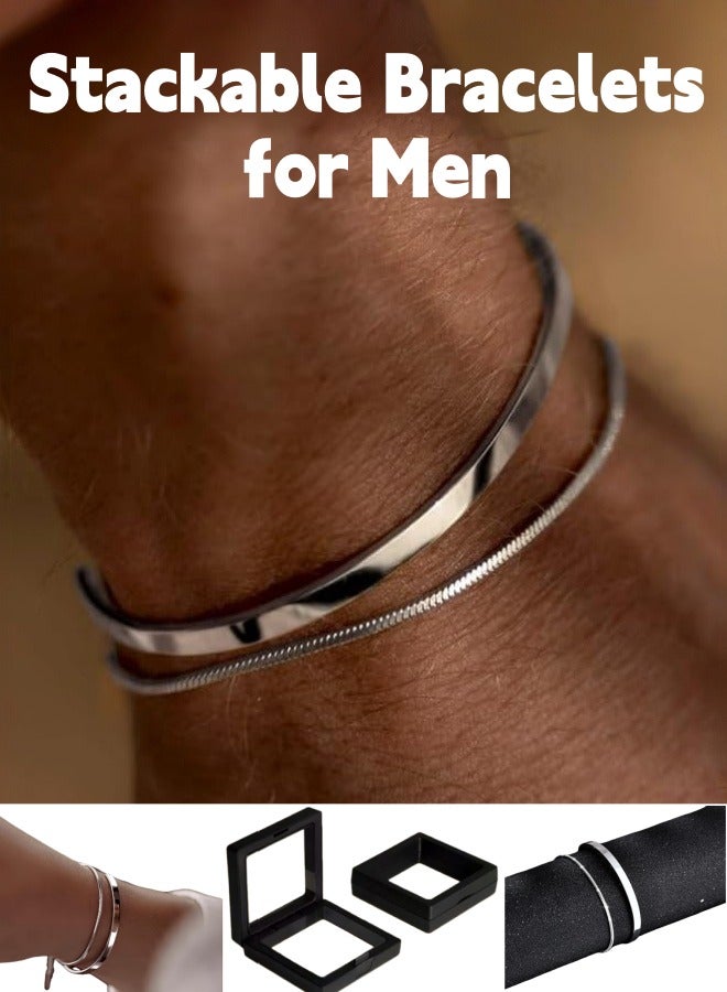 2PCS Stacked Bracelets for Men,925 Sterling Silver Plated Stack Snake Cuban Link Chain Cuff Bracelet Mens Jewelry Gift,for Boyfriend, Dad and Son - Image 1