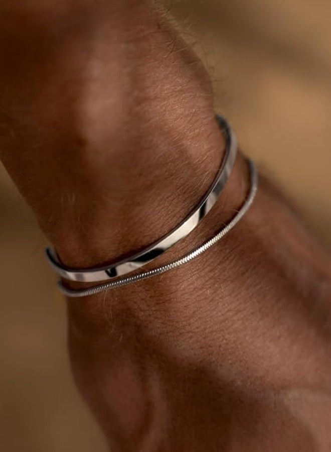 2PCS Stacked Bracelets for Men,925 Sterling Silver Plated Stack Snake Cuban Link Chain Cuff Bracelet Mens Jewelry Gift,for Boyfriend, Dad and Son - Image 3