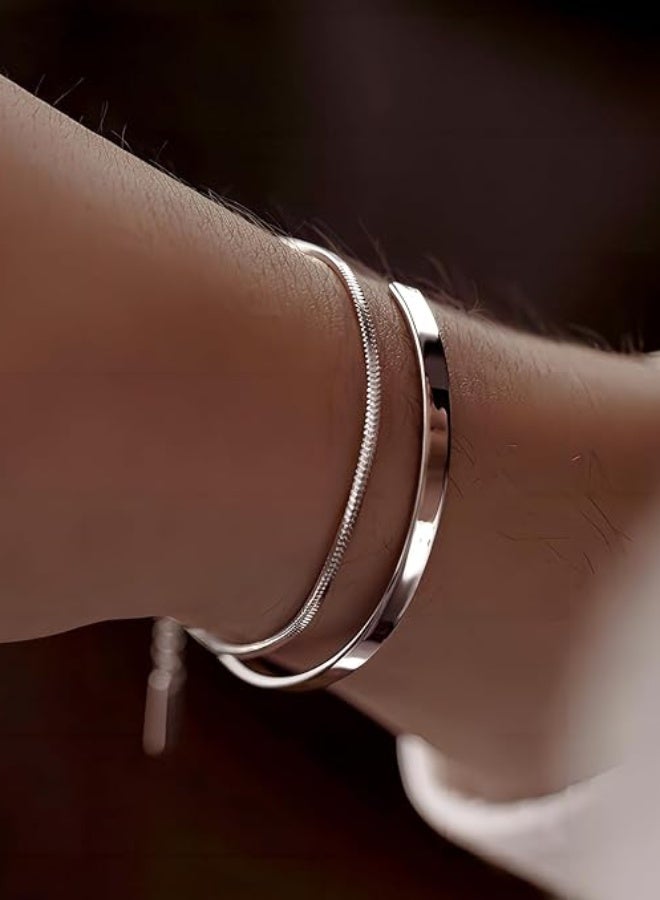 2PCS Stacked Bracelets for Men,925 Sterling Silver Plated Stack Snake Cuban Link Chain Cuff Bracelet Mens Jewelry Gift,for Boyfriend, Dad and Son - Image 4