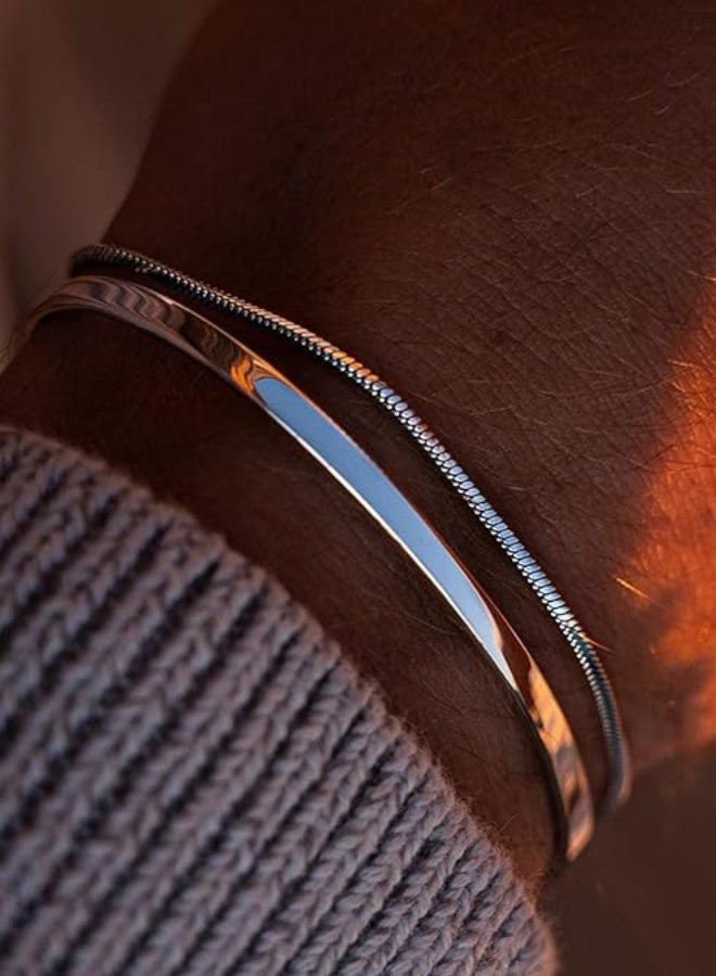 2PCS Stacked Bracelets for Men,925 Sterling Silver Plated Stack Snake Cuban Link Chain Cuff Bracelet Mens Jewelry Gift,for Boyfriend, Dad and Son - Image 5