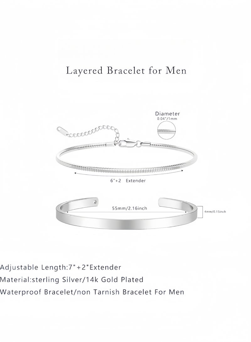 2PCS Stacked Bracelets for Men,925 Sterling Silver Plated Stack Snake Cuban Link Chain Cuff Bracelet Mens Jewelry Gift,for Boyfriend, Dad and Son - Image 2