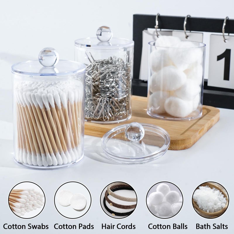 XIPENGKEJI 4 Pack Qtip Holder,Canister Apothecary Jar Set, Bathroom Jars with Lids Set for Cotton Swabs, Balls, Pads, Floss Picks,10oz-12oz Plastic Canisters Restroom Bedroom Vanity Organizer - Image 4