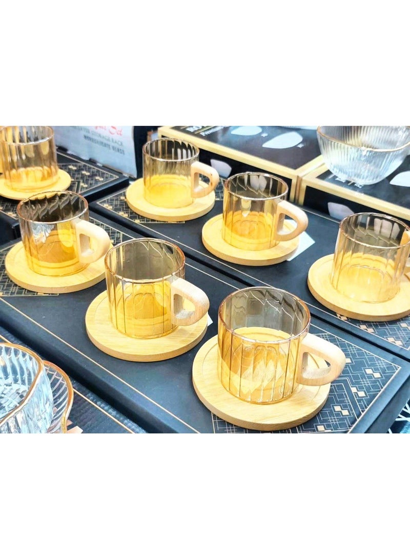 مجموعة فناجين قهوة زجاج ١٢ قطعة (٦ فناجين ٦ اطباق خشب)  لون بني فاتح - Image 5