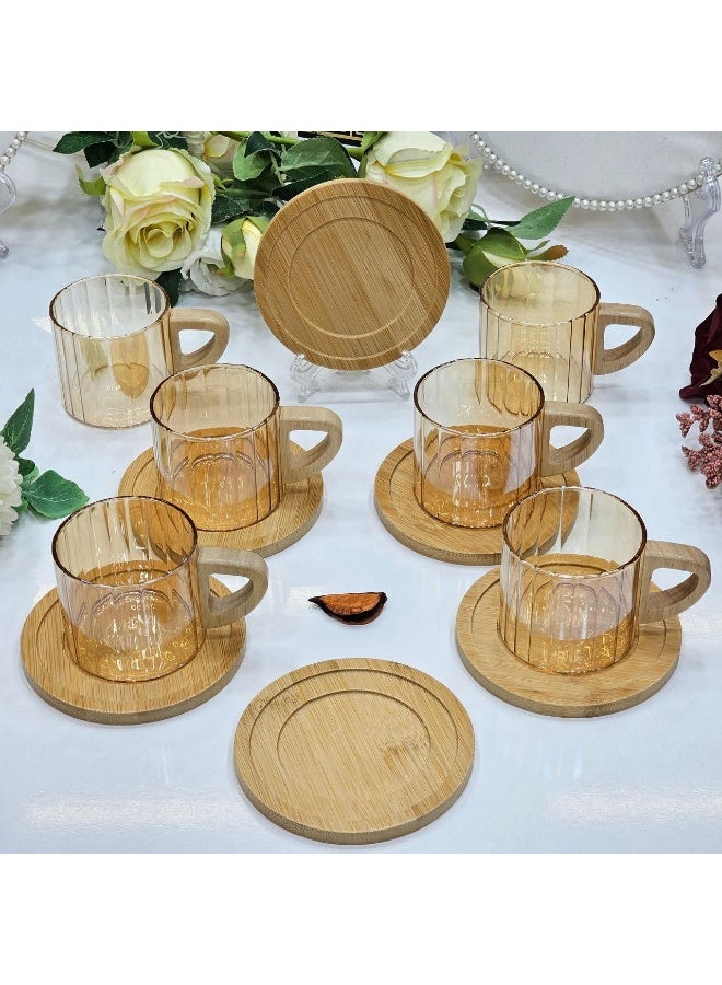 مجموعة فناجين قهوة زجاج ١٢ قطعة (٦ فناجين ٦ اطباق خشب)  لون بني فاتح - Image 1