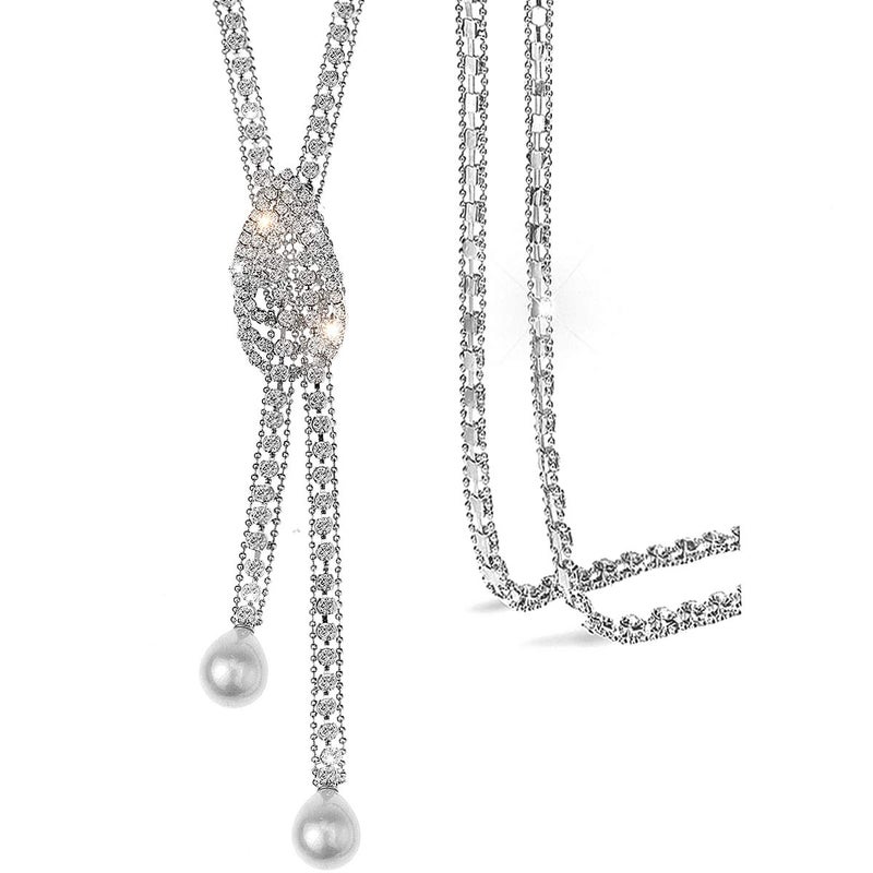 Suyi Trendy Crystal Long Necklace All-Match Style Shining Clothing Sweater Chain Pearl Silver - Image 1