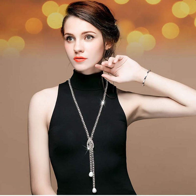 Suyi Trendy Crystal Long Necklace All-Match Style Shining Clothing Sweater Chain Pearl Silver - Image 3