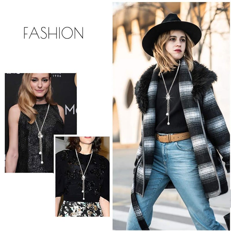 Suyi Trendy Crystal Long Necklace All-Match Style Shining Clothing Sweater Chain Pearl Silver - Image 2