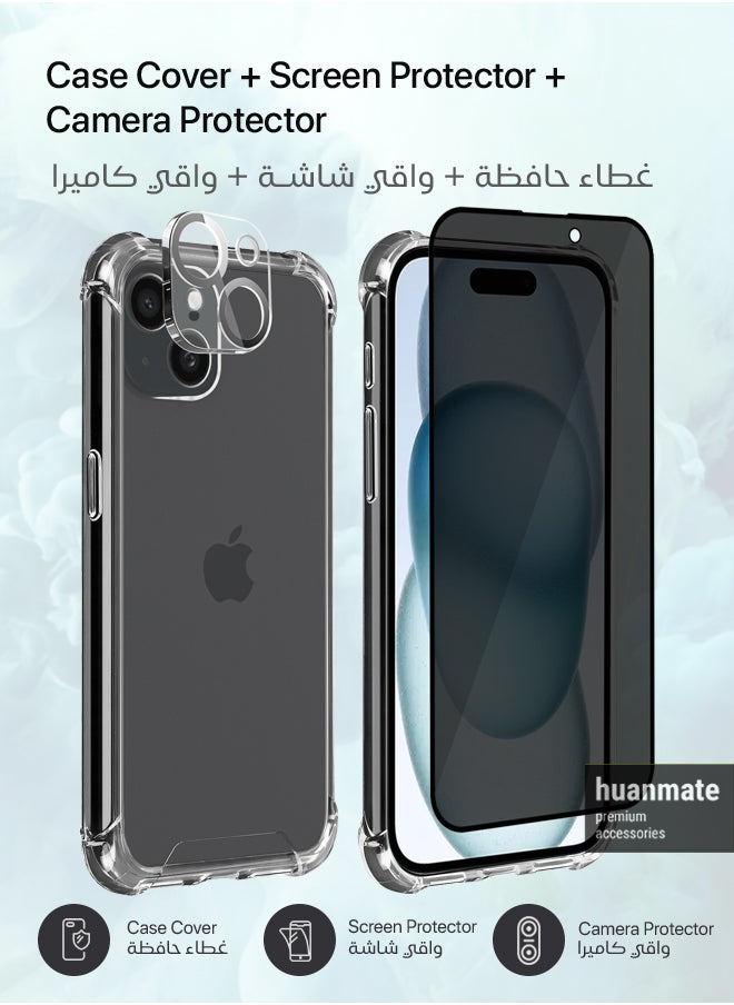 huanmate - 3 in 1 Protection Pack of Back Cover Privacy Screen Protector And Camera Protector For Apple iPhone 15 Plus Black/Clear - Image 1