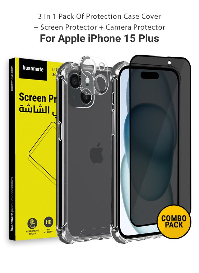 huanmate - 3 in 1 Protection Pack of Back Cover Privacy Screen Protector And Camera Protector For Apple iPhone 15 Plus Black/Clear - Image 1
