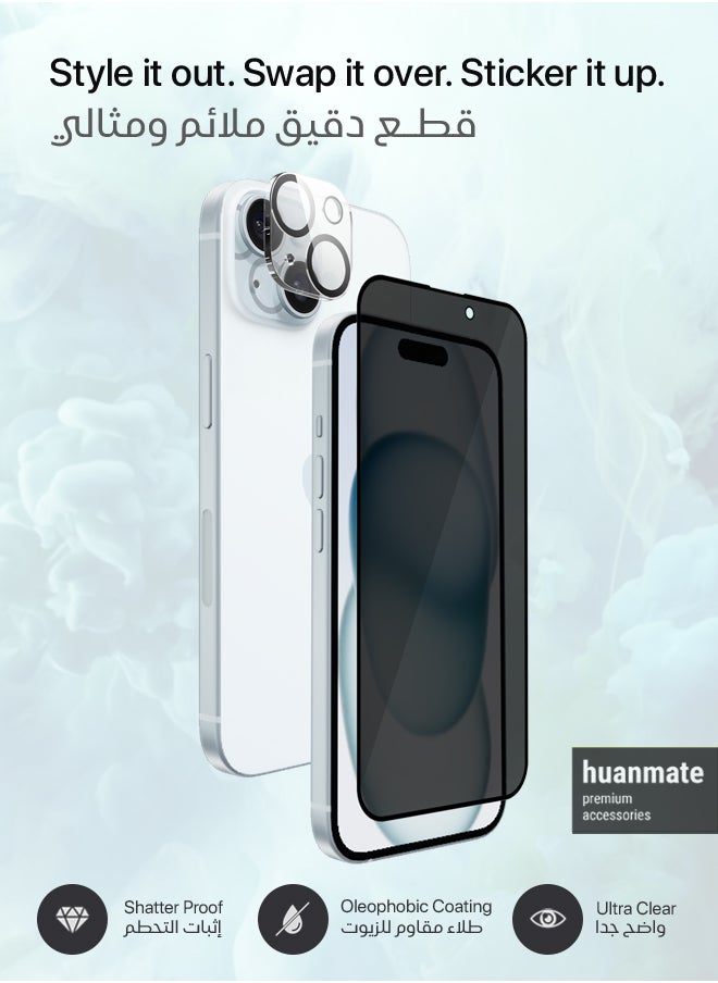 huanmate - 3 in 1 Protection Pack of Back Cover Privacy Screen Protector And Camera Protector For Apple iPhone 15 Plus Black/Clear - Image 1