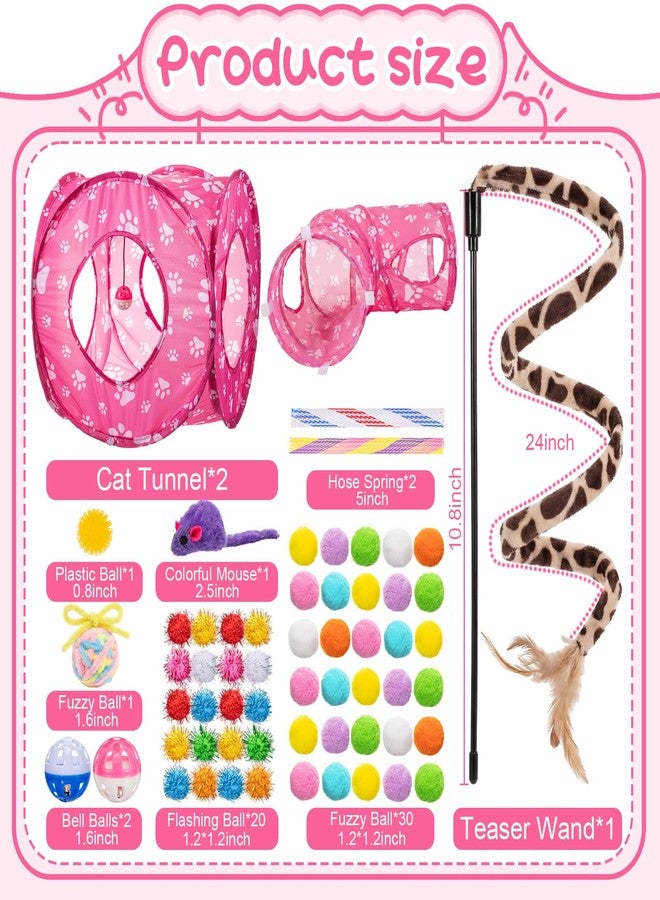 Leitee 60 Pcs Cat Kitten Toys Kit with 2 Pcs Paws Tunnel, Collapsible Play Tunnel Tube Feather Wand Teaser Bell Plush Ball Springs Mouse Toy, Interactive Toys for Indoor Cats Gift - Image 2