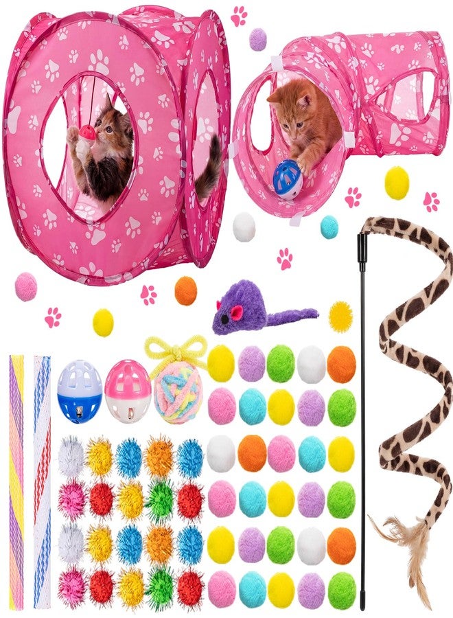 Leitee 60 Pcs Cat Kitten Toys Kit with 2 Pcs Paws Tunnel, Collapsible Play Tunnel Tube Feather Wand Teaser Bell Plush Ball Springs Mouse Toy, Interactive Toys for Indoor Cats Gift - Image 1
