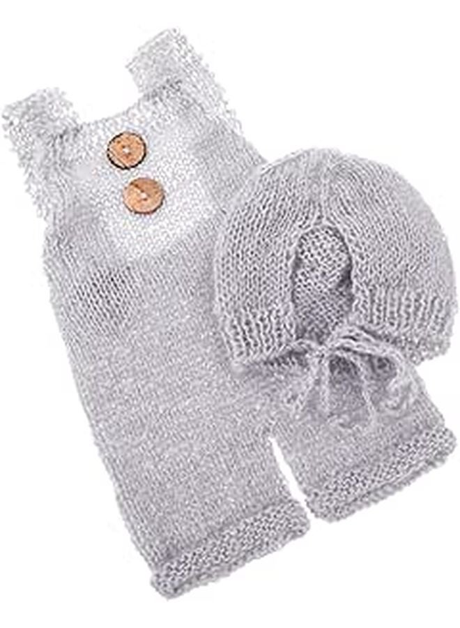 Newborn Baby Boy Photo Outfit Set Bear Romper Hat Suspenders Soft Material - Image 1