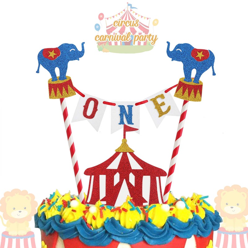 Vignye Circus Carnival Theme Cake Topper 1st Birthday Circus Theme Photo Booth Props Cake Smash Party Cake Decorations Supplies Glitter - Image 2