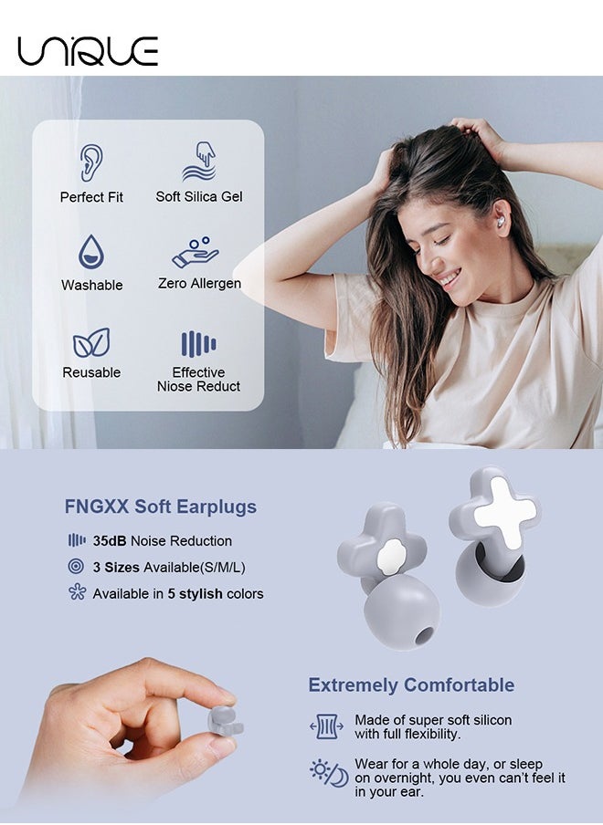 Unique - 2 Boxes Ear Plugs for Noise Reduction - Reusable Flexible Silicone EarPlugs for Sleeping/Concerts/Motorcycles/Airplanes & Noise Sensitivity - Three Sizes (S/M/L) - 35dB Noise Cancelling (Purple/Grey) - Image 1