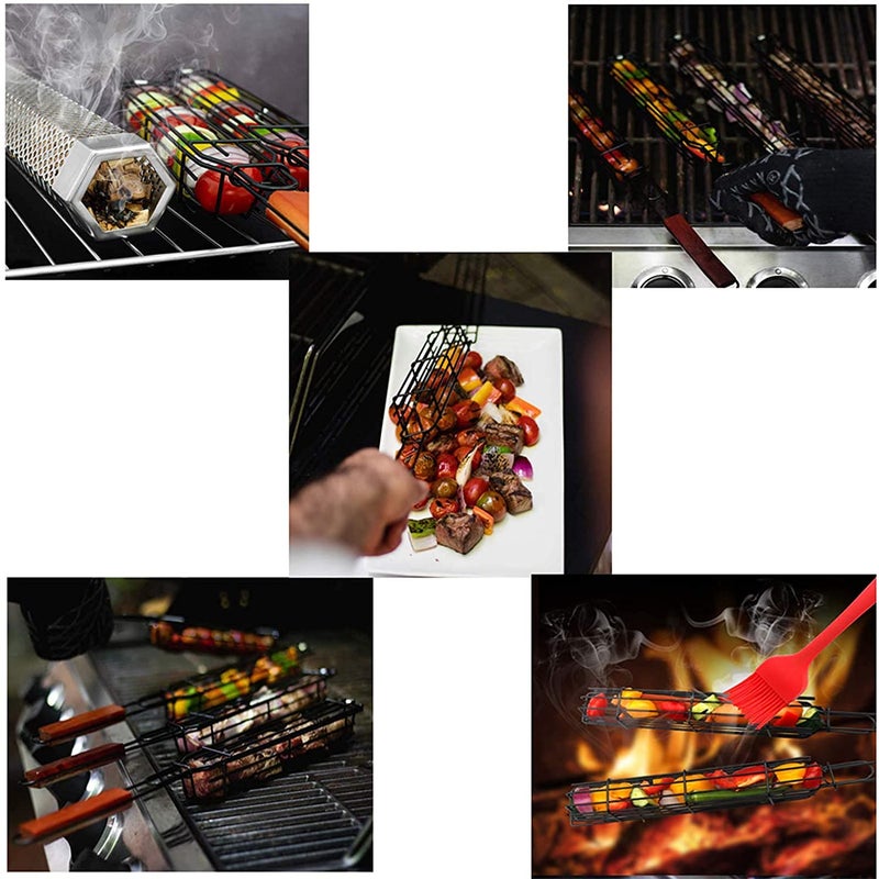 TGOPIT سلال شوي الكباب سلال فولاذية قابلة للطي غير لاصقة للشواء للخضار والأسماك والدجاج واللحوم مع مقبض خشبي أداة الشواء، 1.5 لتر، أسود - Image 1