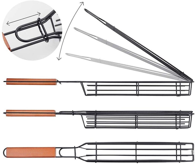 TGOPIT سلال شوي الكباب سلال فولاذية قابلة للطي غير لاصقة للشواء للخضار والأسماك والدجاج واللحوم مع مقبض خشبي أداة الشواء، 1.5 لتر، أسود - Image 3