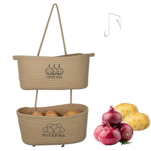 Xbopetda 2-Tier Potato and Onion Storage, Hanging Vegetable Baskets for Kitchen, Potato Bin Onion Basket Behind the Door Storage with Pothook, Cotton Rope Produce Storage Organizer Bag Decorative - Image 1