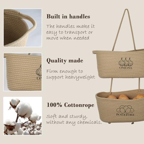 Xbopetda 2-Tier Potato and Onion Storage, Hanging Vegetable Baskets for Kitchen, Potato Bin Onion Basket Behind the Door Storage with Pothook, Cotton Rope Produce Storage Organizer Bag Decorative - Image 2