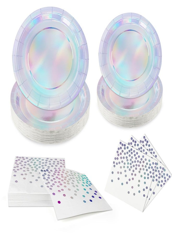 Resflyar 150 PCS Iridescent Party Supplies, Holographic Disposable Paper Plates Napkins, Iridescent Rainbow Tableware Set for Bachelorette Wedding Birthday Baby Shower Party Decor Supplies, Serves 50 Guests - Image 1