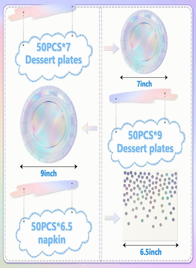 Resflyar 150 PCS Iridescent Party Supplies, Holographic Disposable Paper Plates Napkins, Iridescent Rainbow Tableware Set for Bachelorette Wedding Birthday Baby Shower Party Decor Supplies, Serves 50 Guests - Image 2