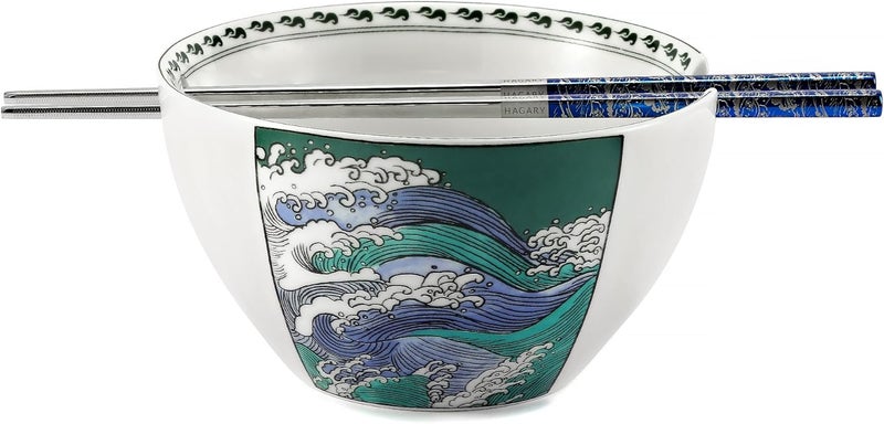 Hagary وعاء هاجاري ويف رامين وعاء سيراميك على الطراز الياباني أودون ميسو حساء المعكرونة 20 أونصة مع عيدان تناول الطعام - Image 1