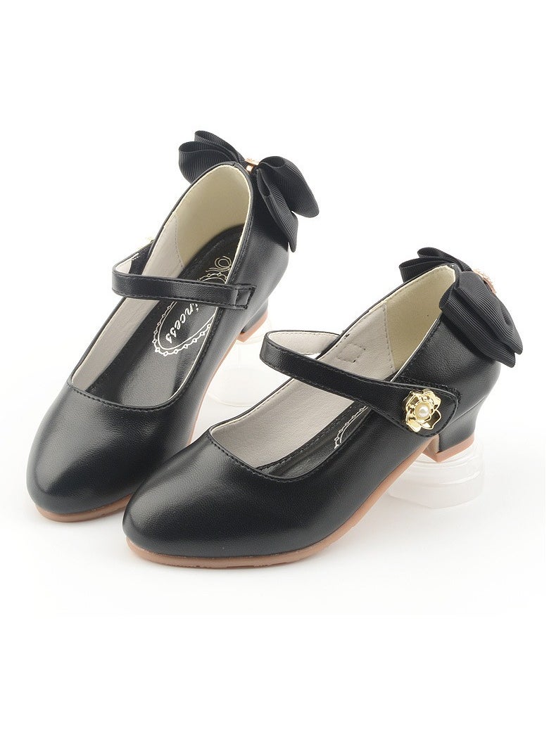 Loquat - Girls Sandals Delicate Bowknot Decoration Closed Toe Low Heels Shoes for Little Girls Black - Image 1