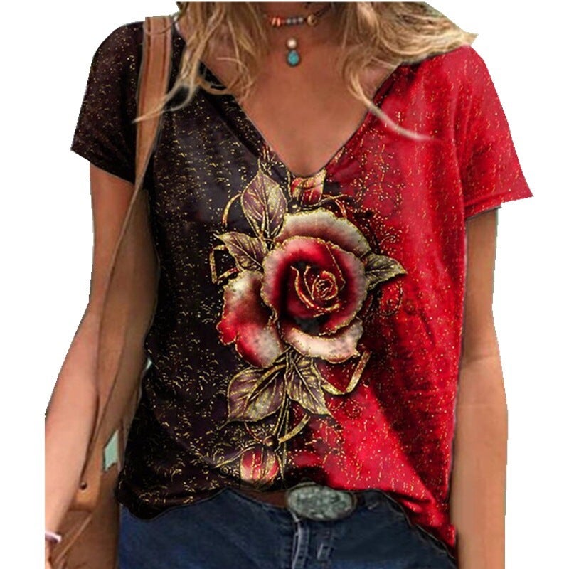 2021 summer hot style European and American cross-border new female independent station hot selling 3D romantic plum print T-shirt rose flower- red L - Image 1