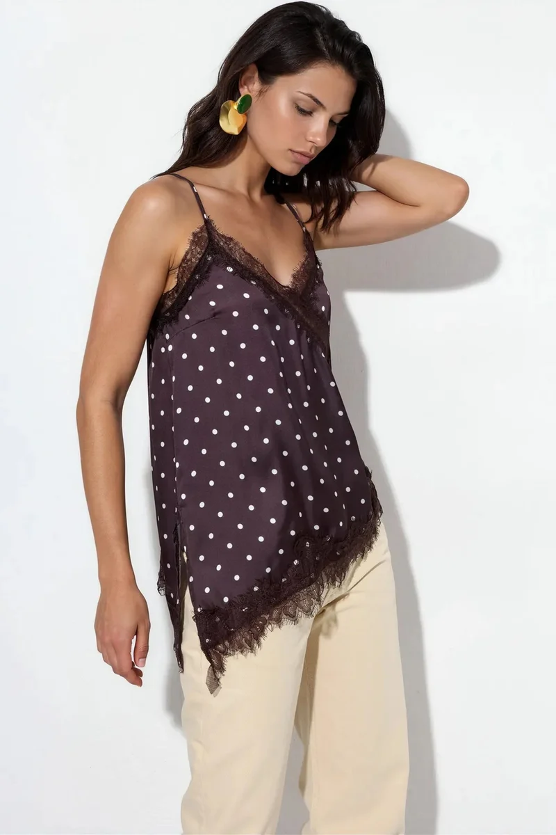 Busem Black BUSEM Polka Dot Satin V-Neck Cami Blouse for Women | Best Price UAE