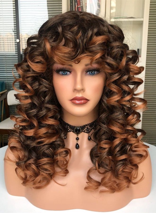 Annivia Curly Wig with Bangs for Black Women Ombre Brown Kinky Long Curly Wig Synthetic Hair Daily Use Cosplay 17 Inch - Image 1
