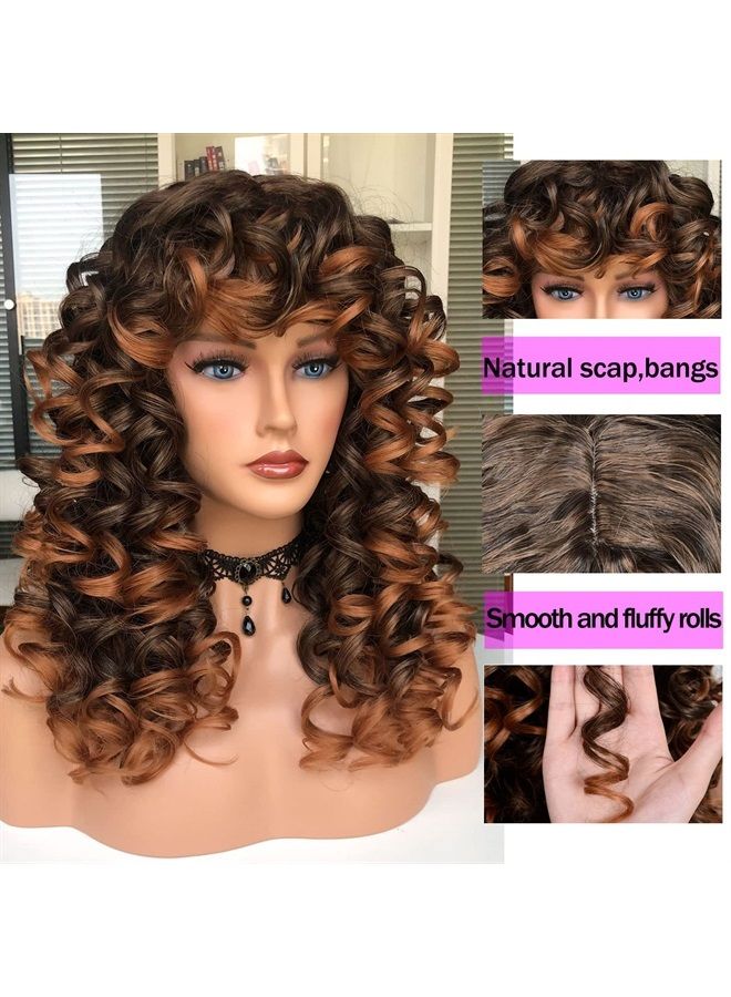Annivia Curly Wig with Bangs for Black Women Ombre Brown Kinky Long Curly Wig Synthetic Hair Daily Use Cosplay 17 Inch - Image 3