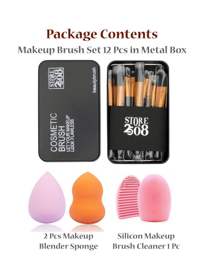 Store2508 Makeup Brush Set With 12 Brushes And Metal Storage Box 2 Pcs Makeup Blender Silicone Makeup Brush Cleaner - Image 5
