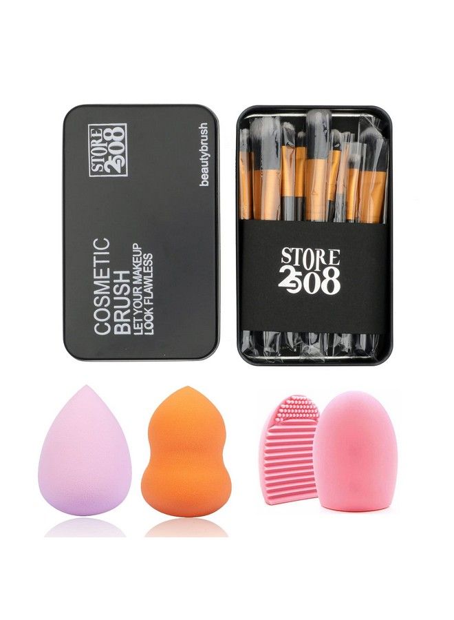 Store2508 Makeup Brush Set With 12 Brushes And Metal Storage Box 2 Pcs Makeup Blender Silicone Makeup Brush Cleaner - Image 1