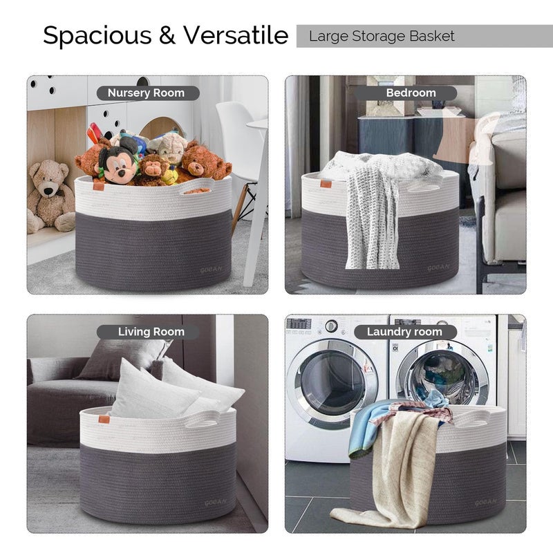 GOCAN Extra Large Laundry Basket toy storage 22"X22"X14" blanket basket Cotton Rope Woven Baskets with Handles for Living Room (Grey/Beige) XXXL - Image 5