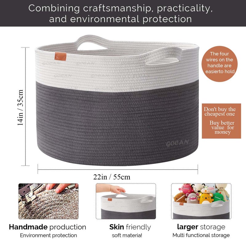 GOCAN Extra Large Laundry Basket toy storage 22"X22"X14" blanket basket Cotton Rope Woven Baskets with Handles for Living Room (Grey/Beige) XXXL - Image 3