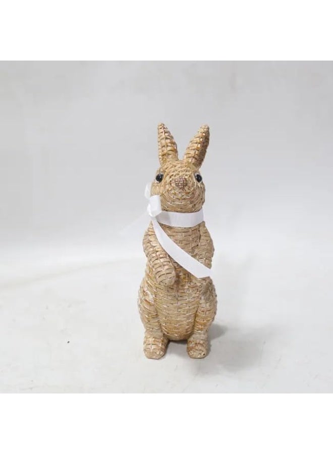 Rattan Effect Resin Rabbit Garden Statue Decor Wicker Bunny Easter Table Bunny Decorations Rabbit Figurines for Indoor Outdoor Home Patio Lawn Ornaments Yard Decorations (Brown-Large-Stand) - Image 2