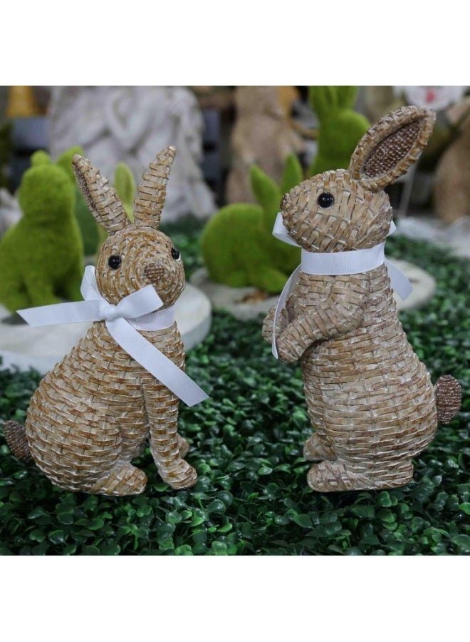 Rattan Effect Resin Rabbit Garden Statue Decor Wicker Bunny Easter Table Bunny Decorations Rabbit Figurines for Indoor Outdoor Home Patio Lawn Ornaments Yard Decorations (Brown-Large-Stand) - Image 3