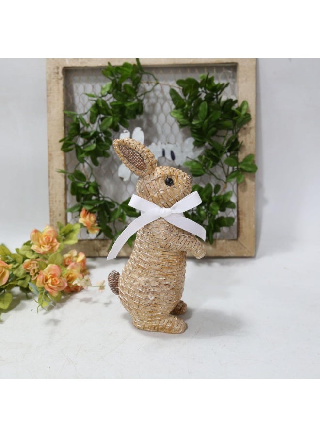 Rattan Effect Resin Rabbit Garden Statue Decor Wicker Bunny Easter Table Bunny Decorations Rabbit Figurines for Indoor Outdoor Home Patio Lawn Ornaments Yard Decorations (Brown-Large-Stand) - Image 4
