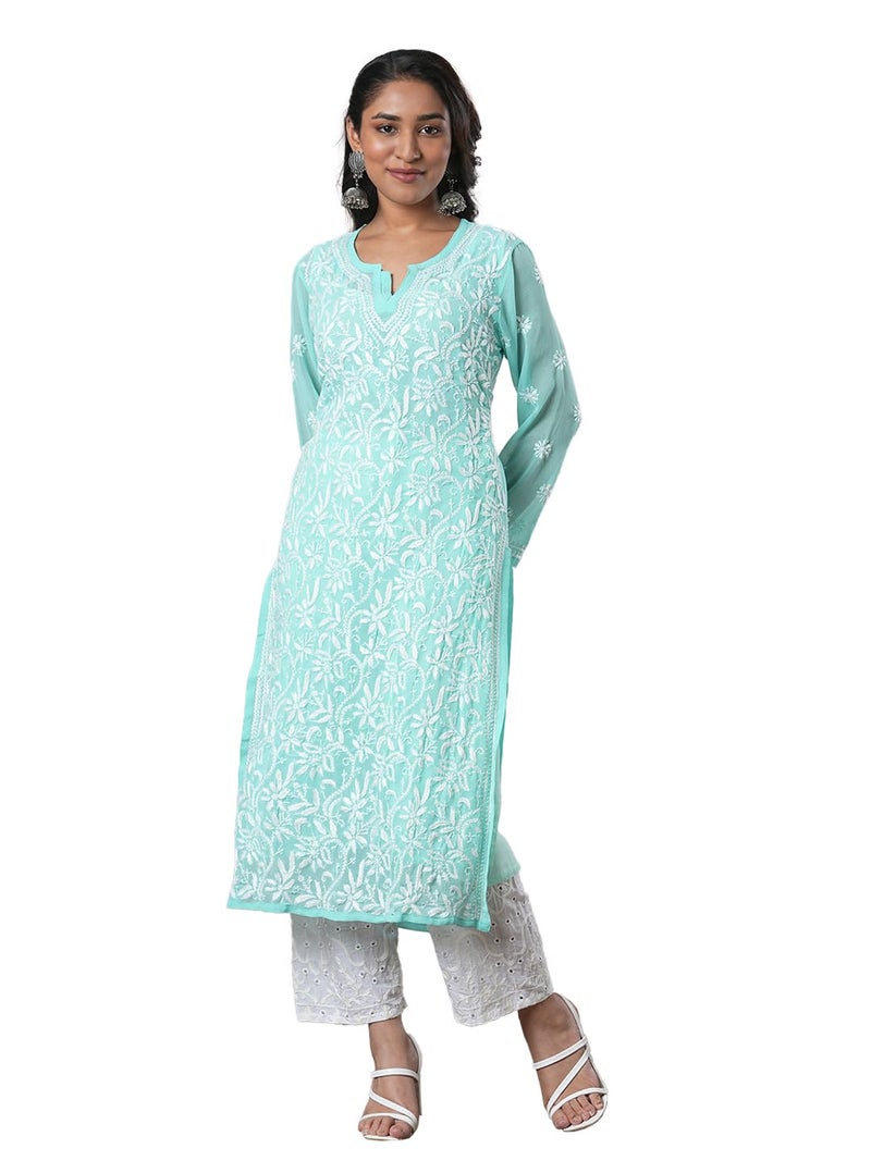 Ada Women Georgette Regular Fit Hand Embroidered Lucknowi Chikankari Kurta with Slip A184712 (XL, Sea Green) - Image 1