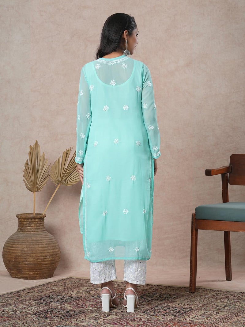 Ada Women Georgette Regular Fit Hand Embroidered Lucknowi Chikankari Kurta with Slip A184712 (XL, Sea Green) - Image 2