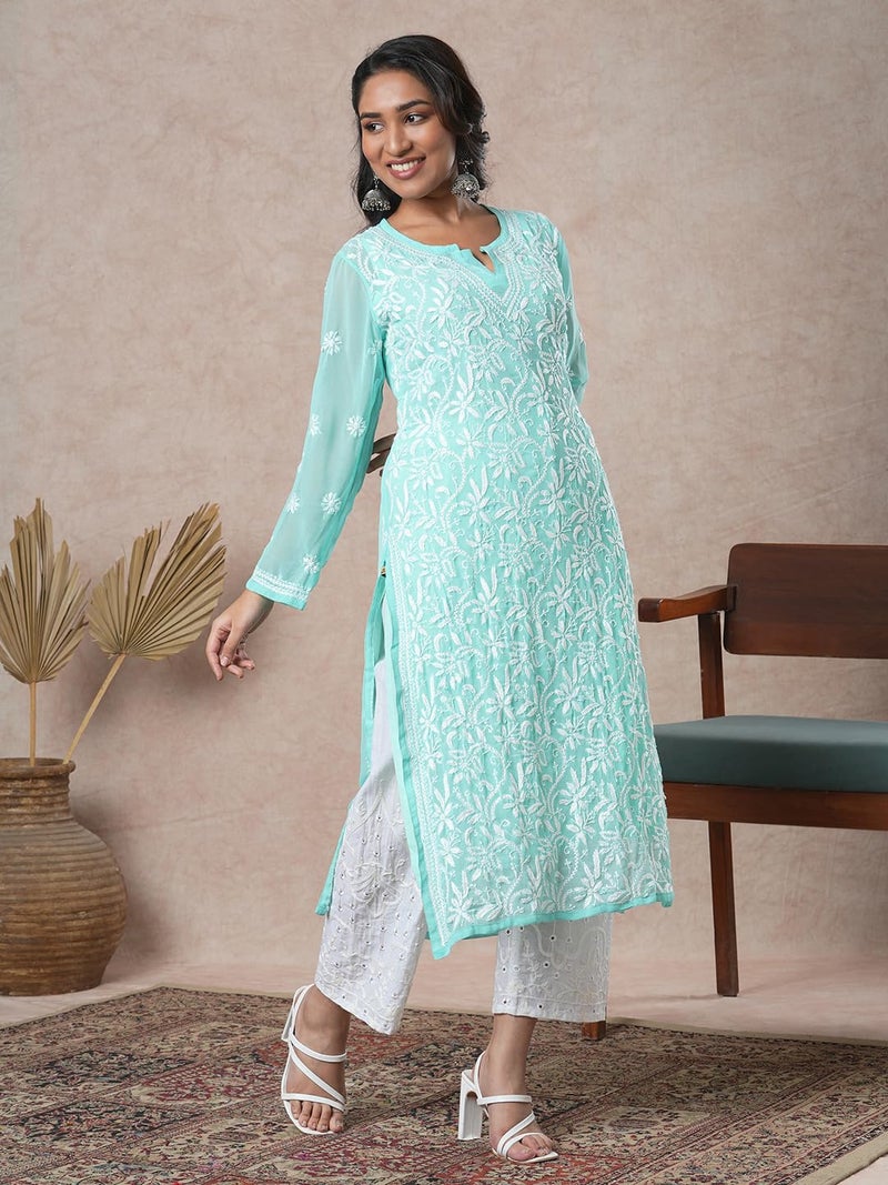 Ada Women Georgette Regular Fit Hand Embroidered Lucknowi Chikankari Kurta with Slip A184712 (XL, Sea Green) - Image 4