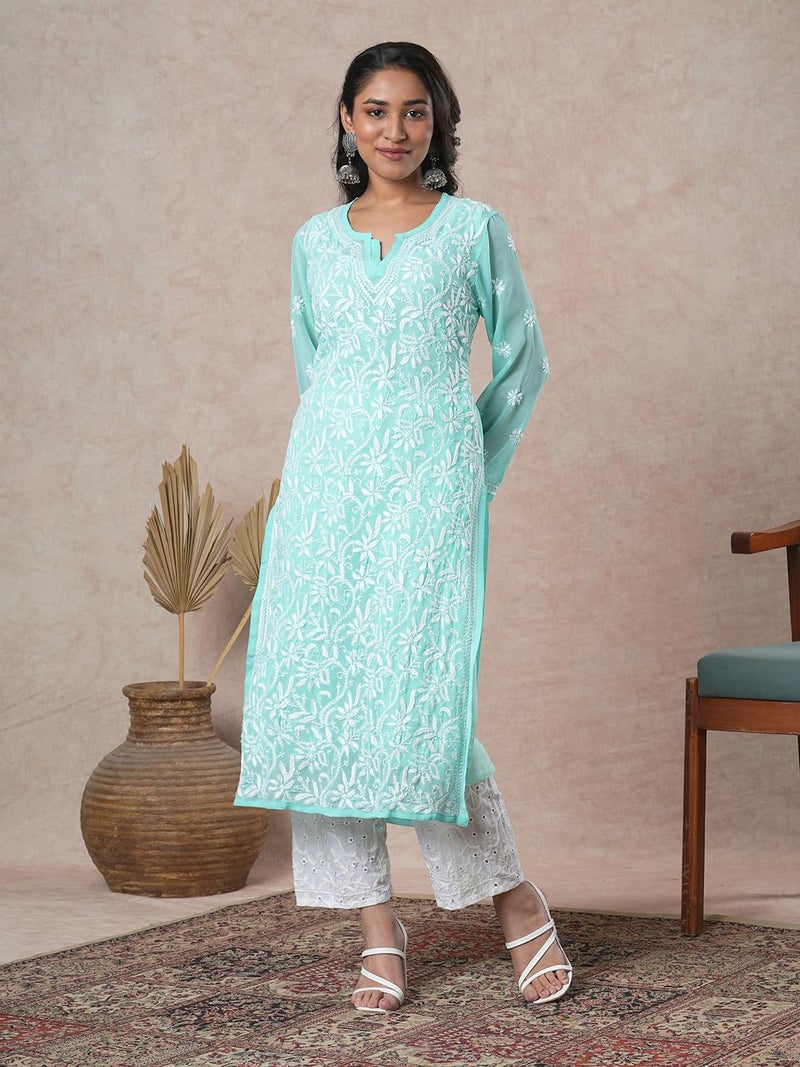 Ada Women Georgette Regular Fit Hand Embroidered Lucknowi Chikankari Kurta with Slip A184712 (XL, Sea Green) - Image 5