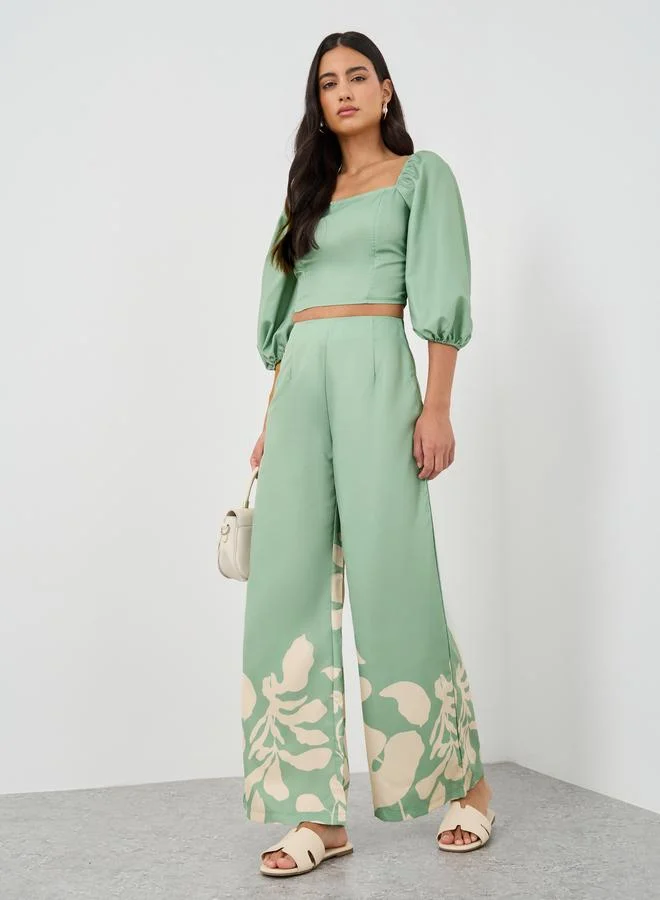 ستايلي Styli Balloon Sleeve Square Neck Crop Top and Pants Co-Ords